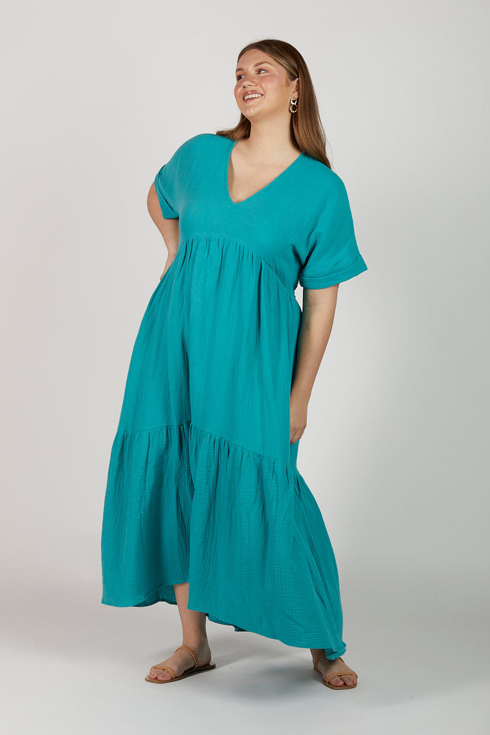 Adriana Crinkle Cotton V-Neck Dress in Peacock Parade