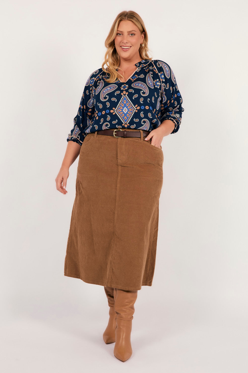 Adrift A-Line Brushed Cotton Skirt in Camel