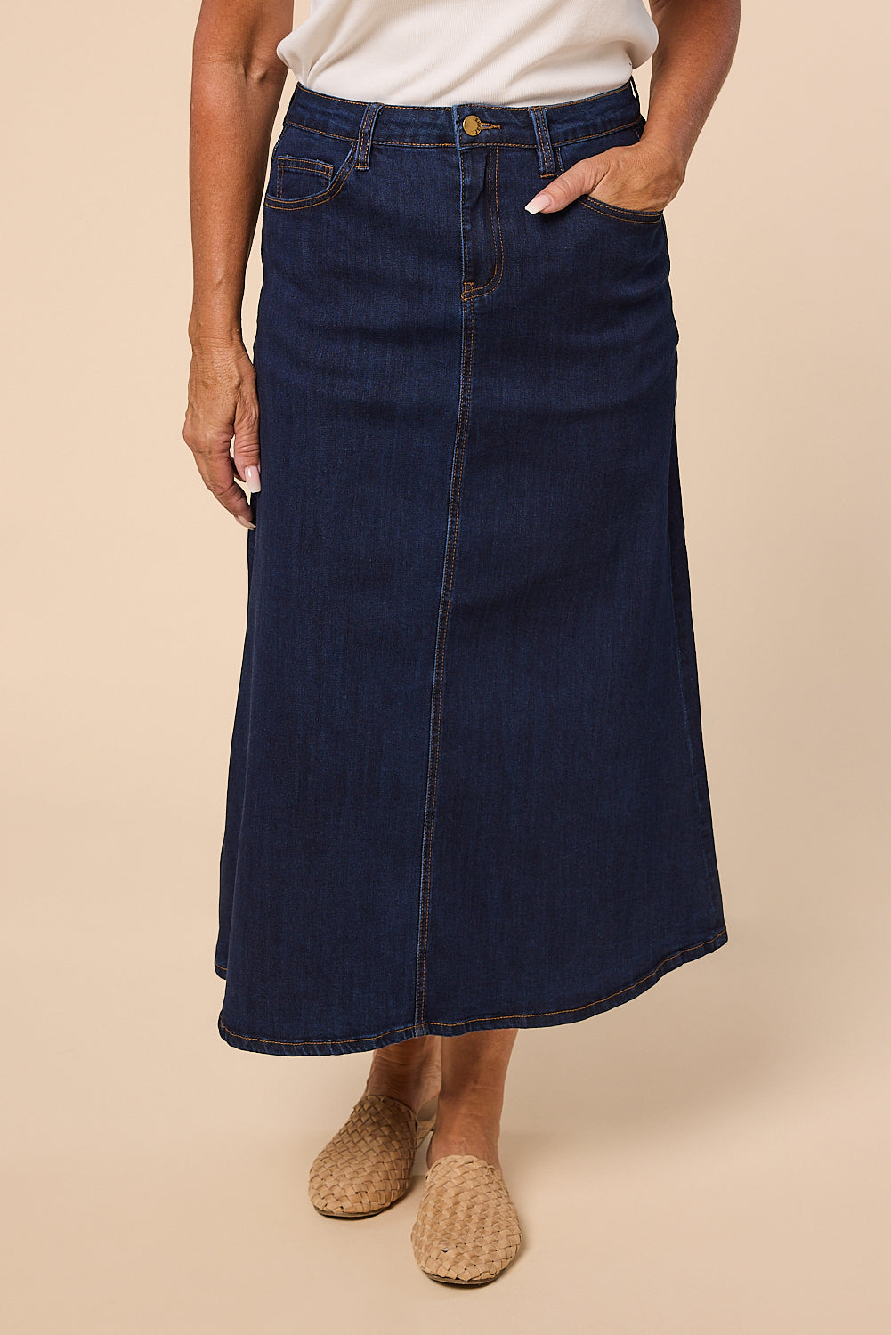 Adrift Denim A-Line Skirt in Dark Wash