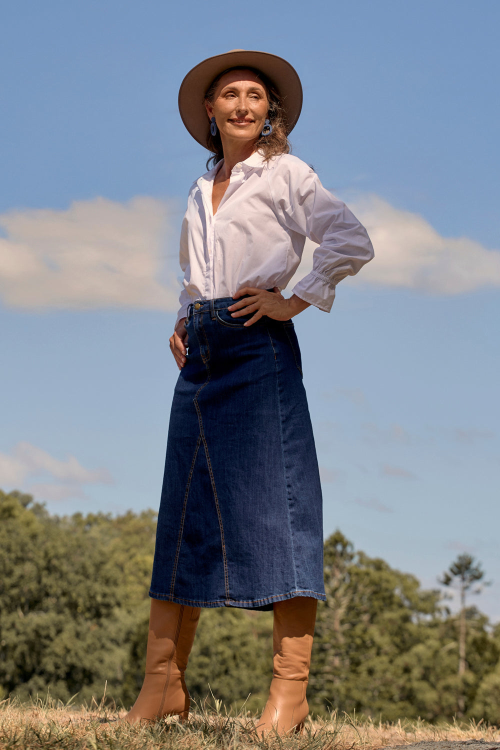 Adrift Denim Midi Skirt in Dark Wash