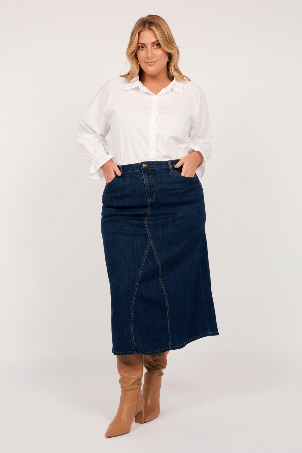 Adrift Denim Midi Skirt in Dark Wash