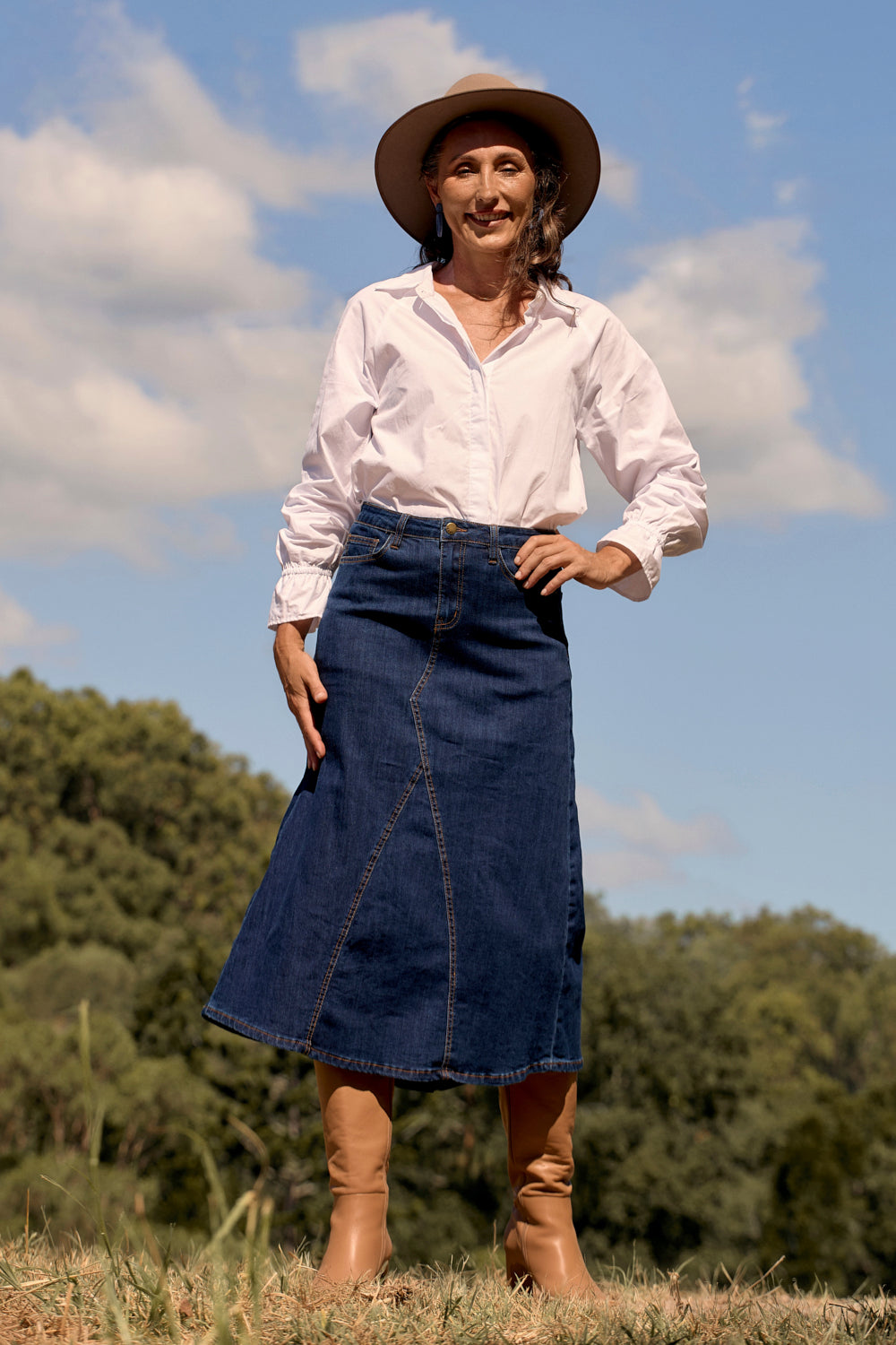 Adrift Denim Midi Skirt in Dark Wash