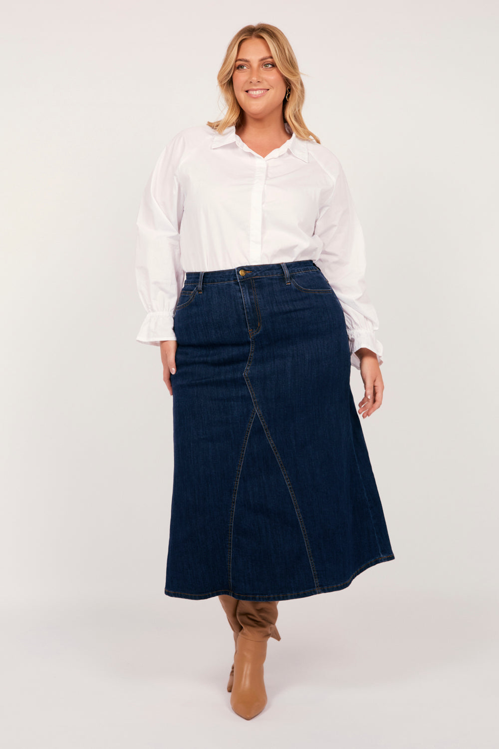 Adrift Denim Midi Skirt in Dark Wash