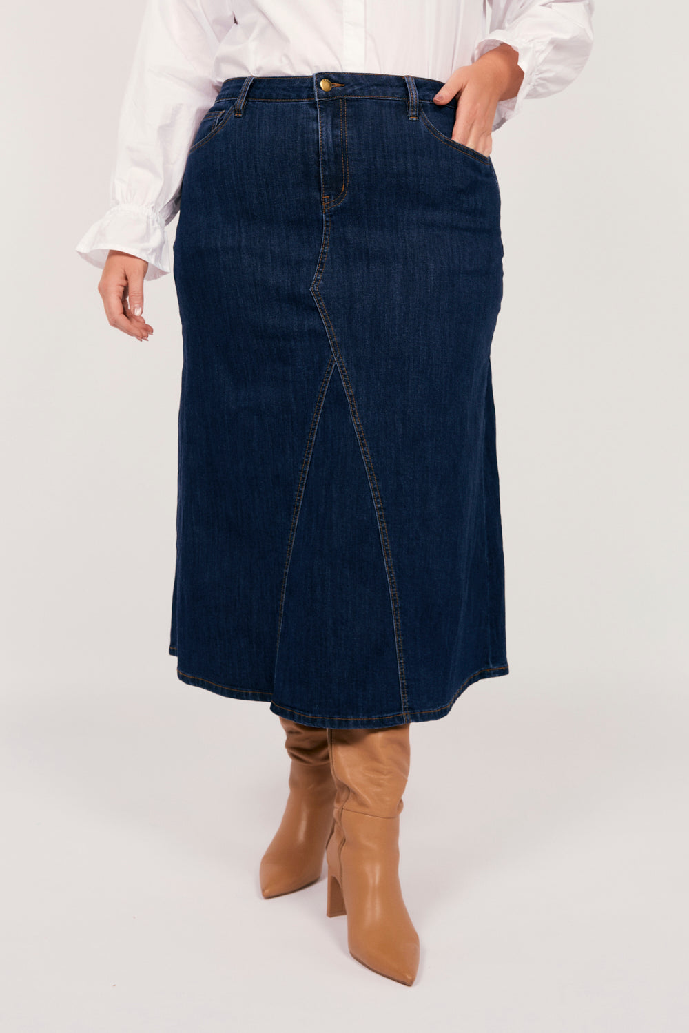 Adrift Denim Midi Skirt in Dark Wash