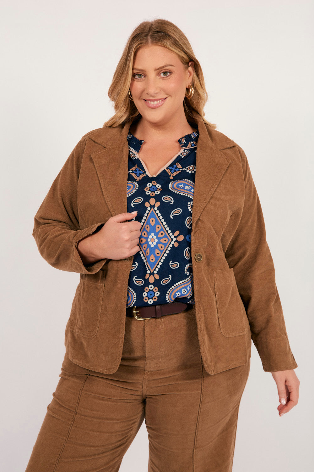 Adrift Relaxed Brushed Cotton Blazer in Camel