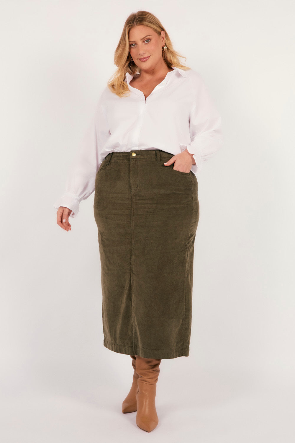 Adrift Split Brushed Cotton Skirt in Olive