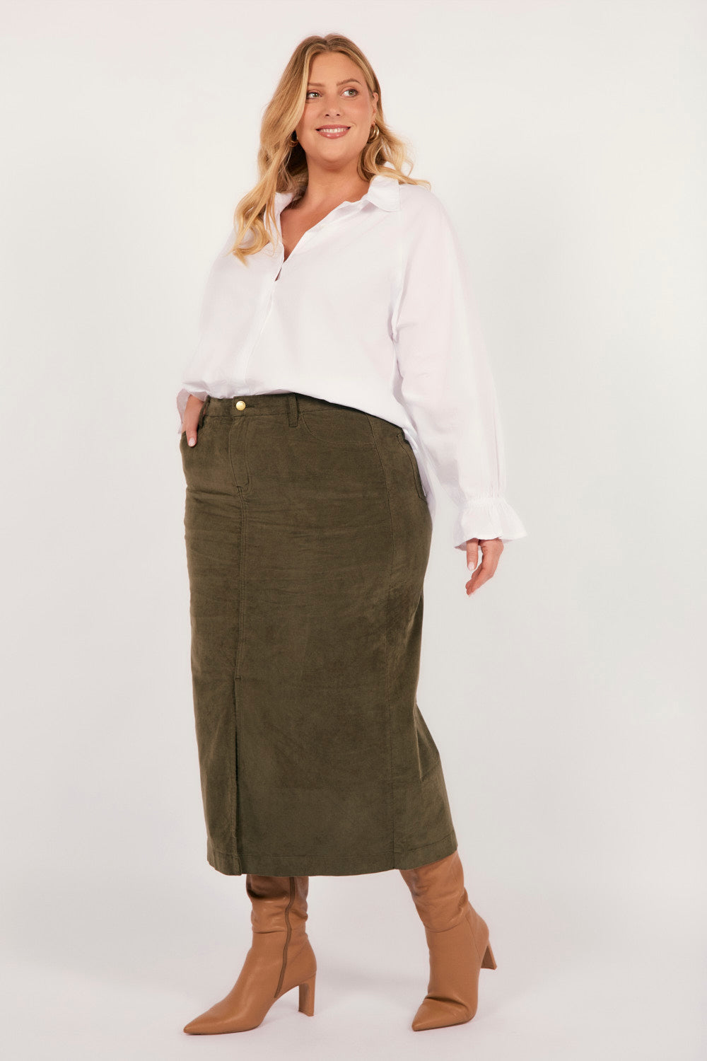 Adrift Split Brushed Cotton Skirt in Olive