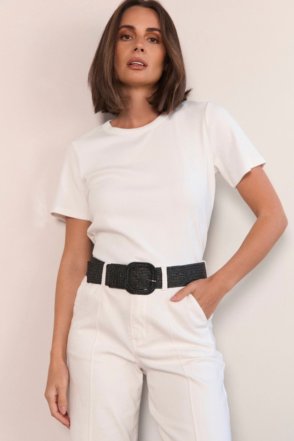 Adrift Wide Stretch Belt in Black Raffia