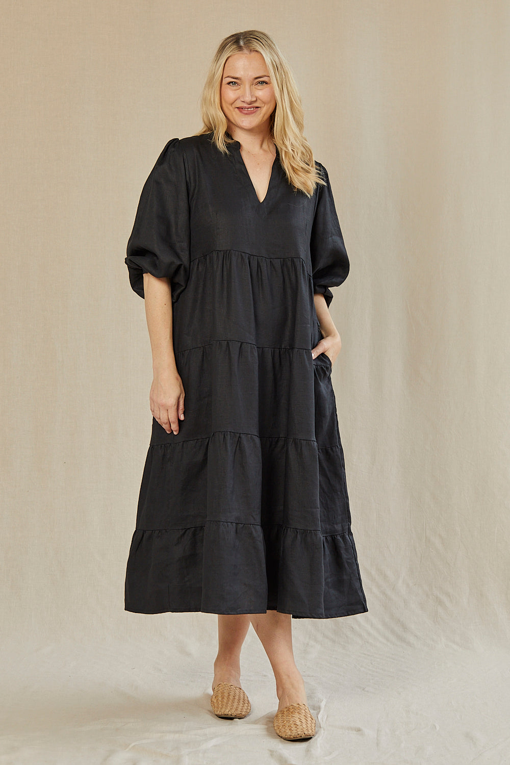 Sabre Linen V-Neck Dress in Black