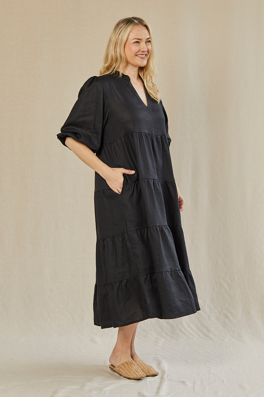 Sabre Linen V-Neck Dress in Black