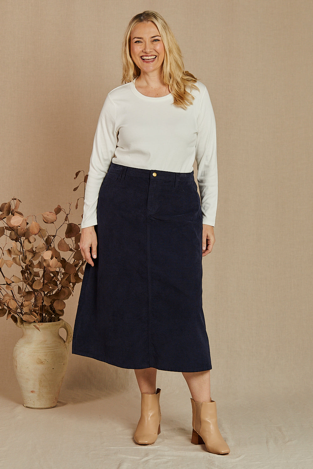 Adrift A-Line Brushed Cotton Skirt in Navy