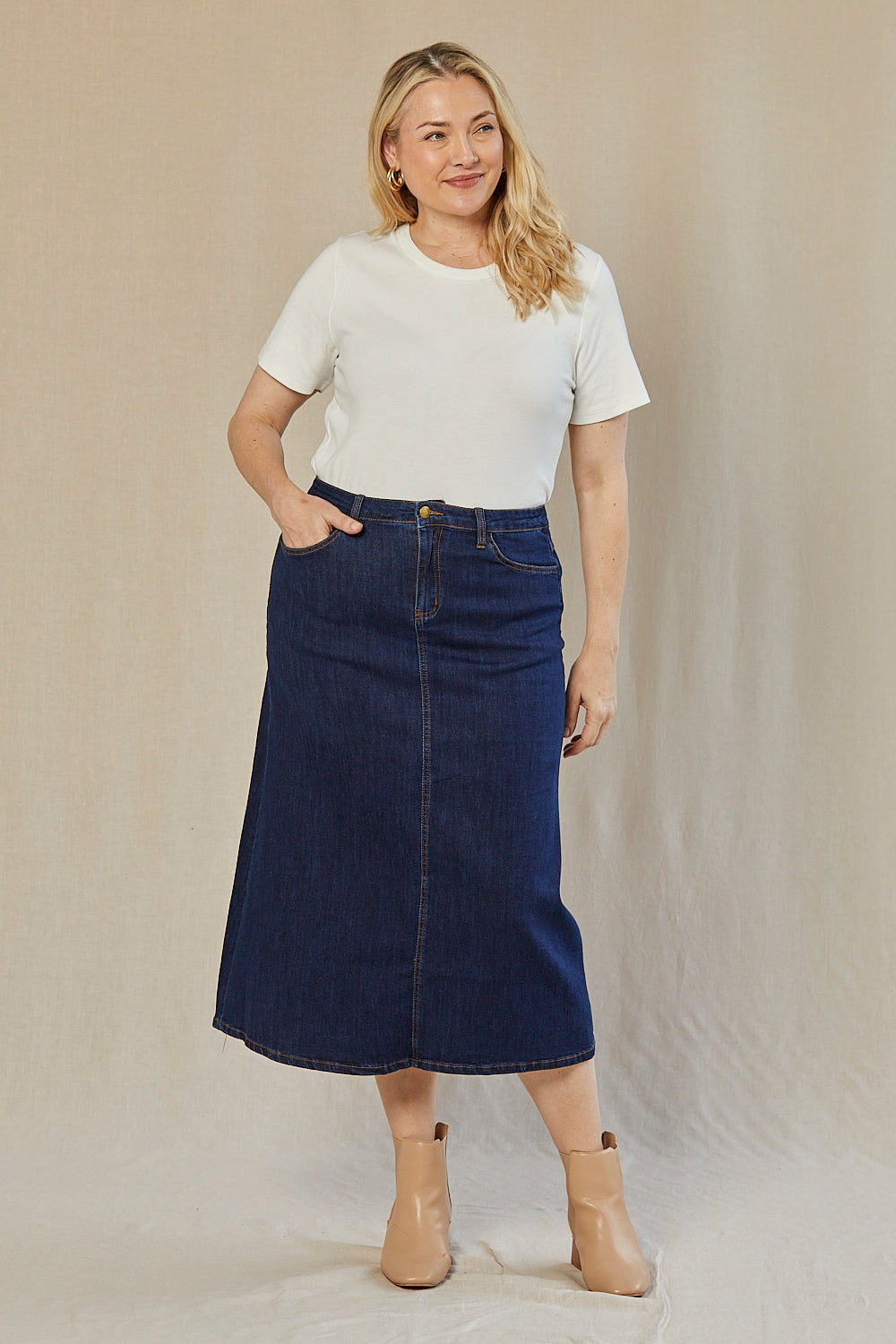 Adrift Denim A-Line Skirt in Mid Wash