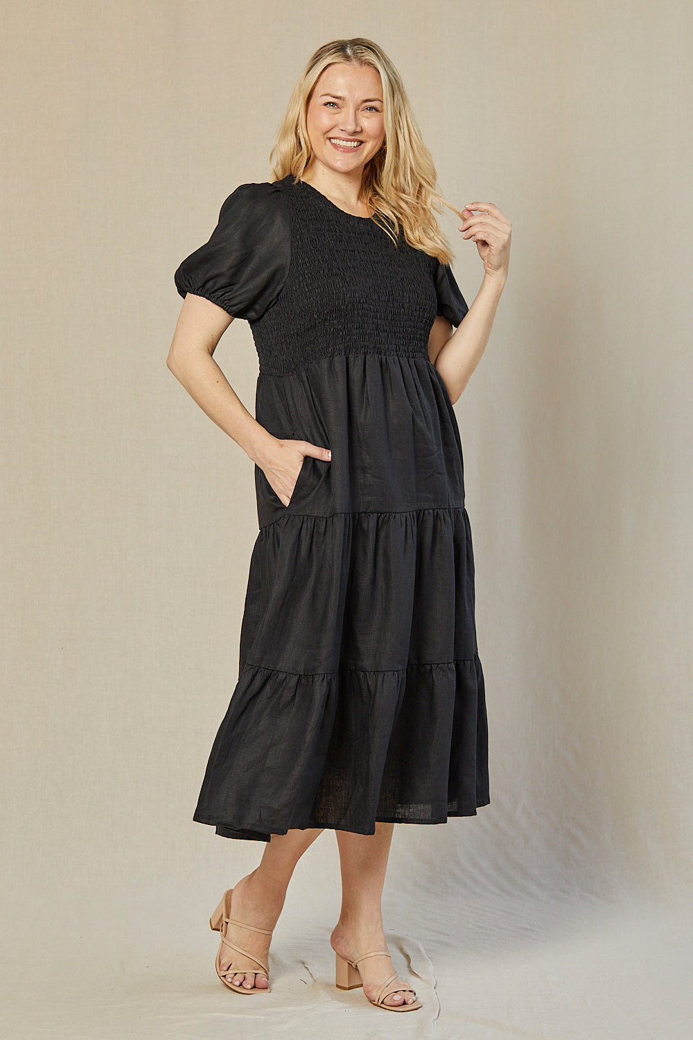 Minden Linen Shirred Short Sleeve Dress in Black