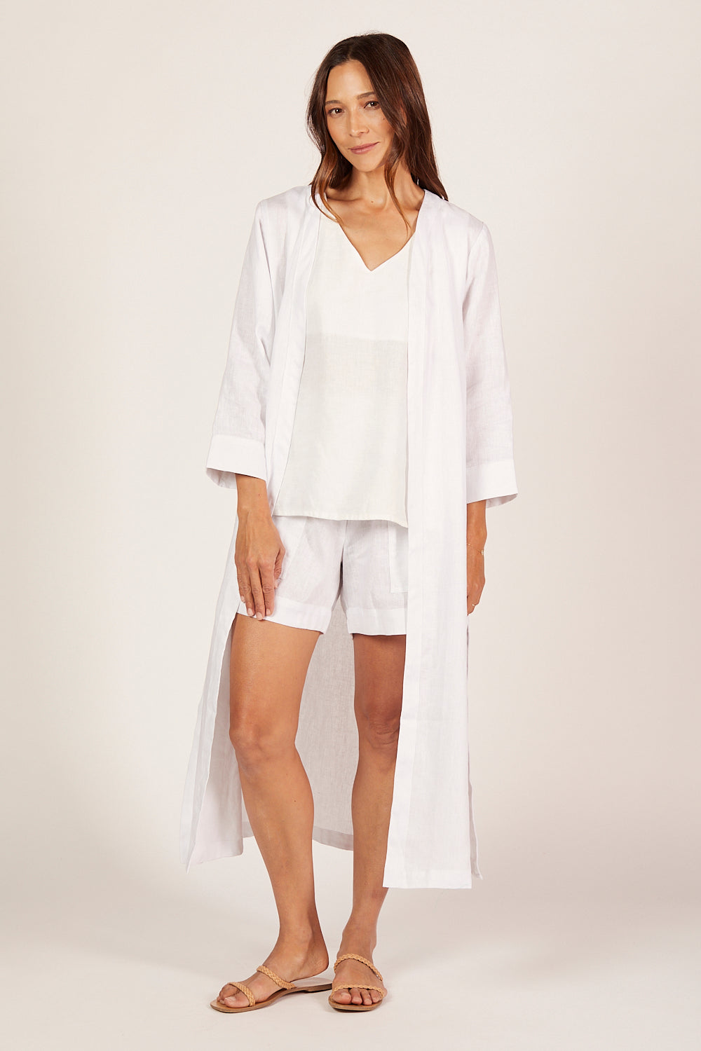 Long Line Linen Duster Jacket in White