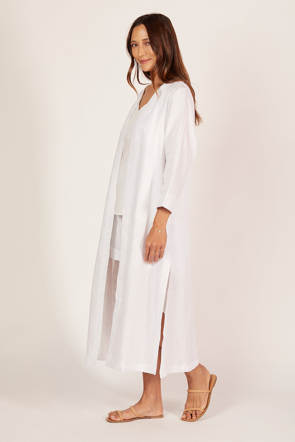 Long Line Linen Duster Jacket in White