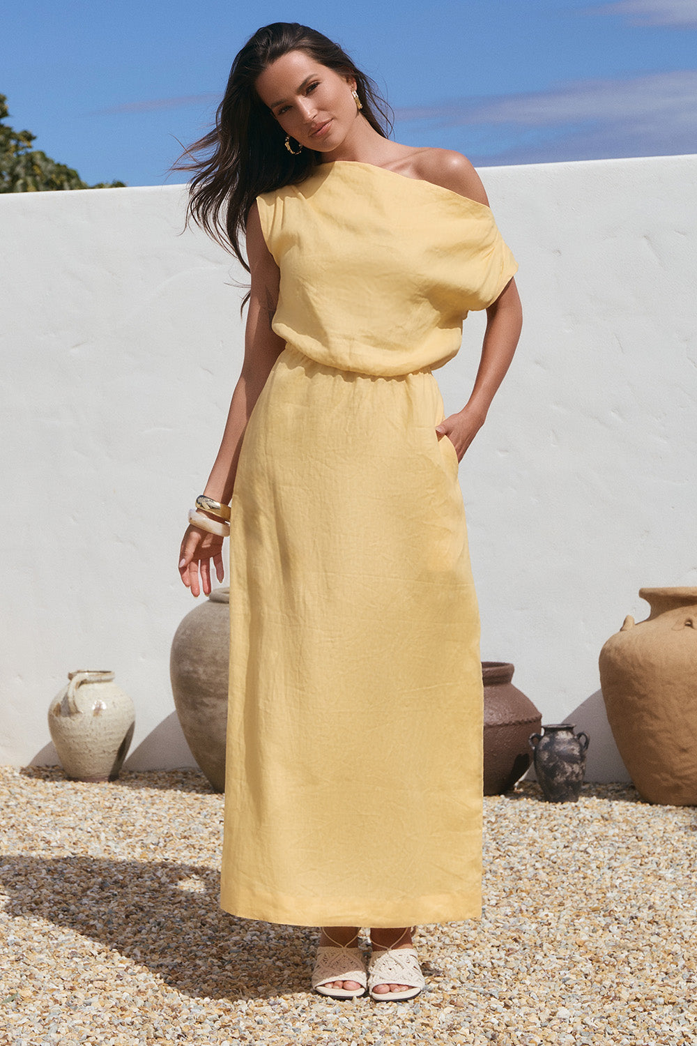 Alice Linen Drop Shoulder Dress in Buttery Yellow