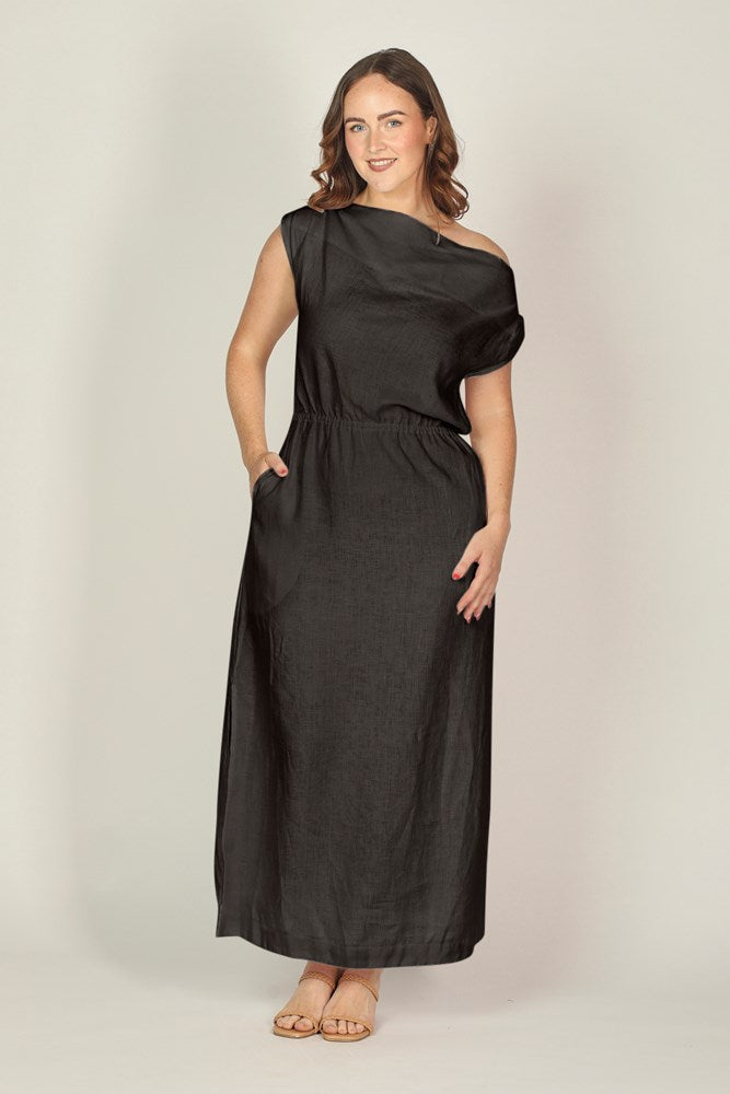 Alice Linen Drop Shoulder Dress in Black PRE-ORDER