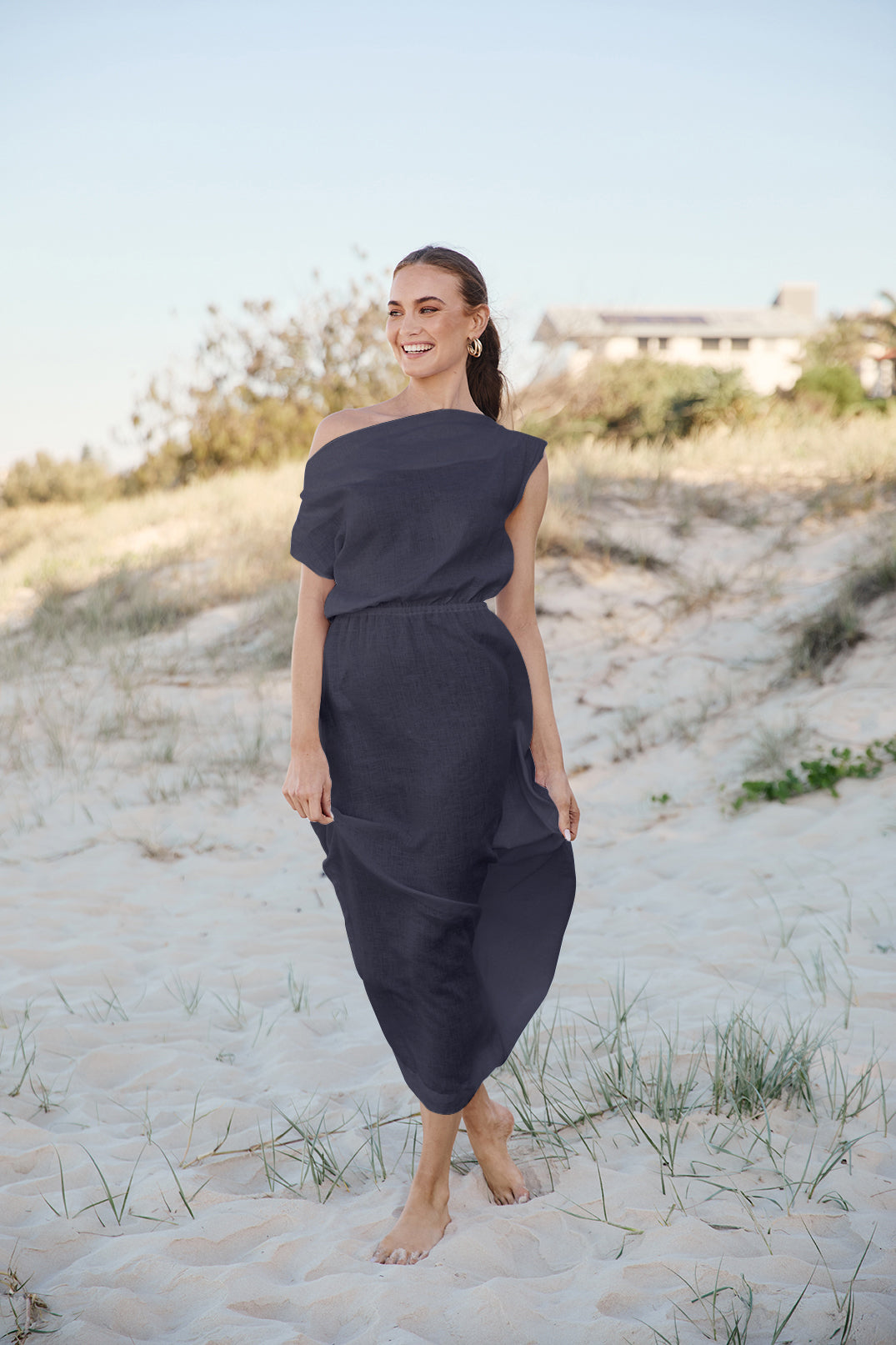 Alice Linen Drop Shoulder Dress in Navy