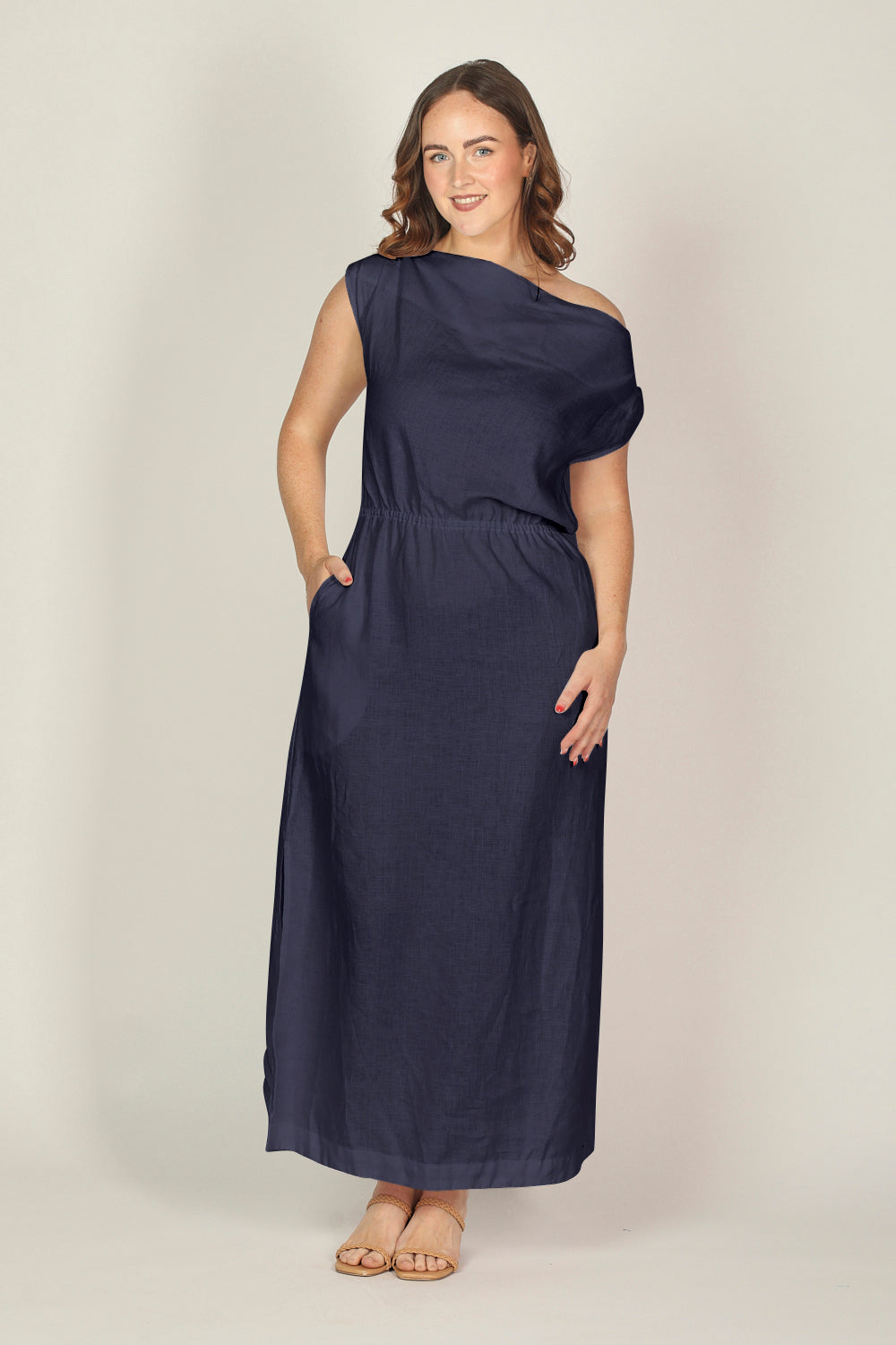 Alice Linen Drop Shoulder Dress in Navy