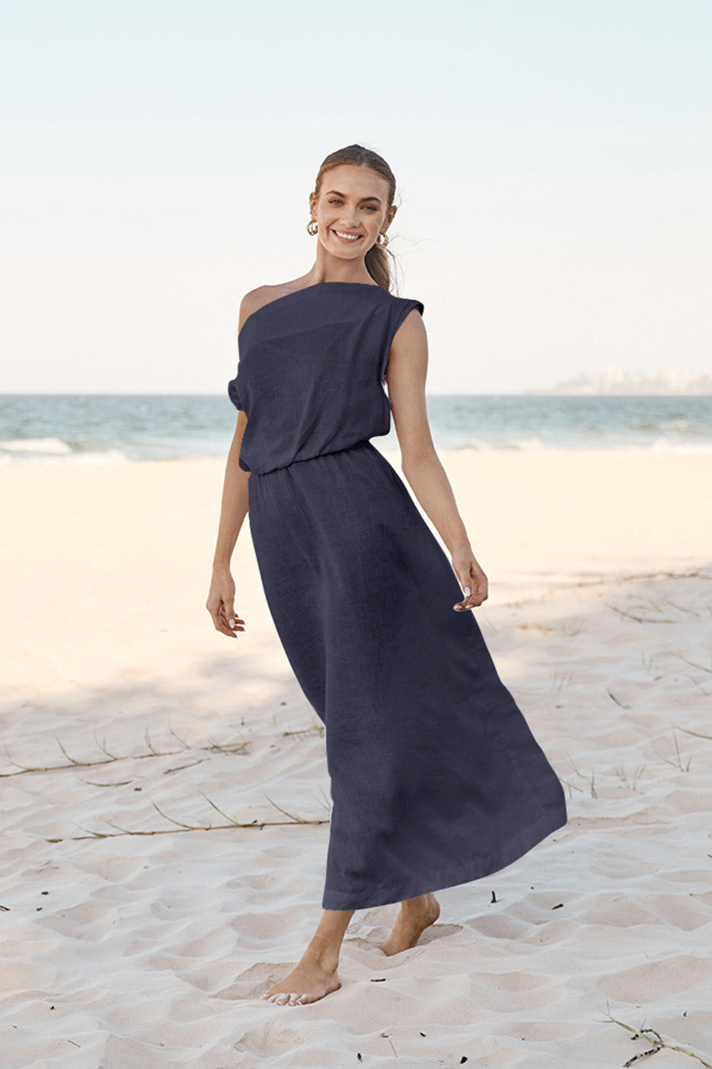 Alice Linen Drop Shoulder Dress in Navy