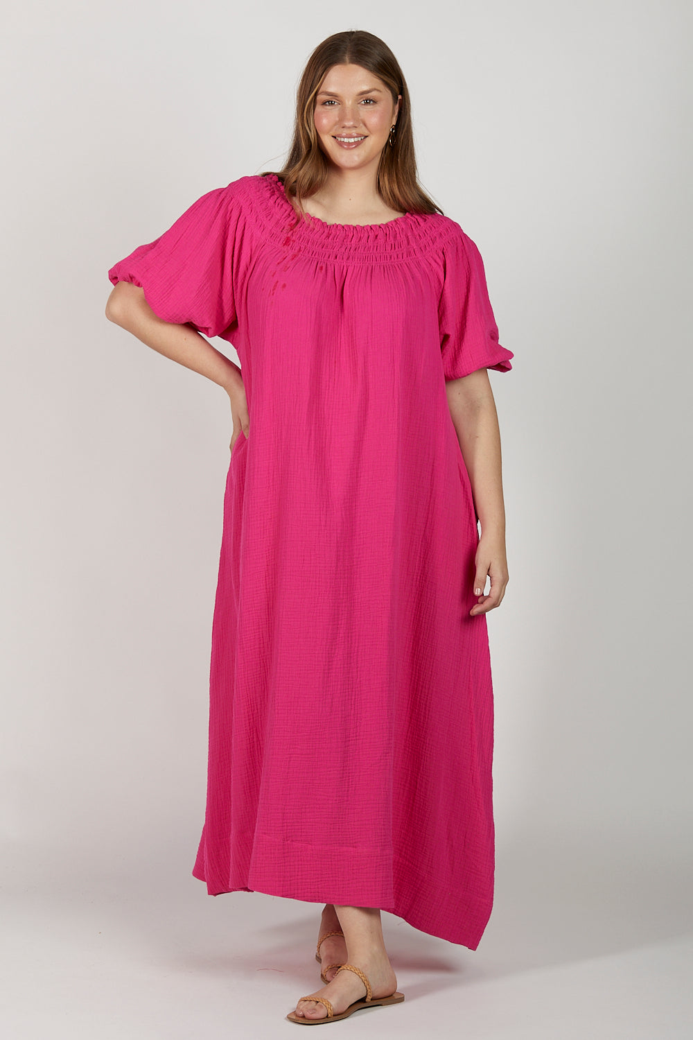 Alisa Crinkle Cotton Off The Shoulder Dress in Pink Glo