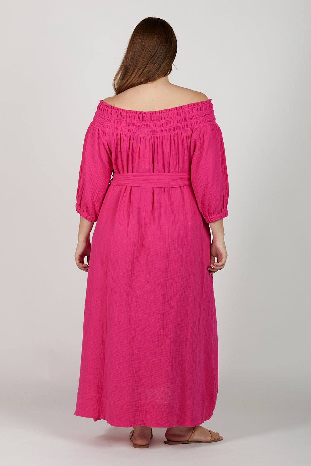 Alisa Crinkle Cotton Off The Shoulder Dress in Pink Glo