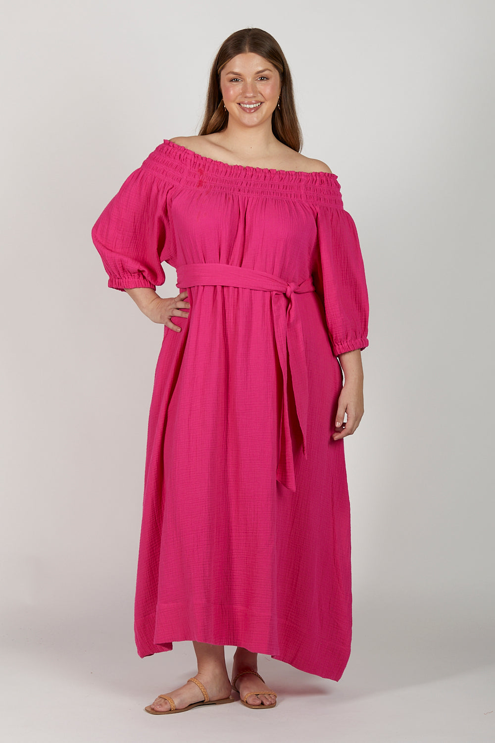 Alisa Crinkle Cotton Off The Shoulder Dress in Pink Glo