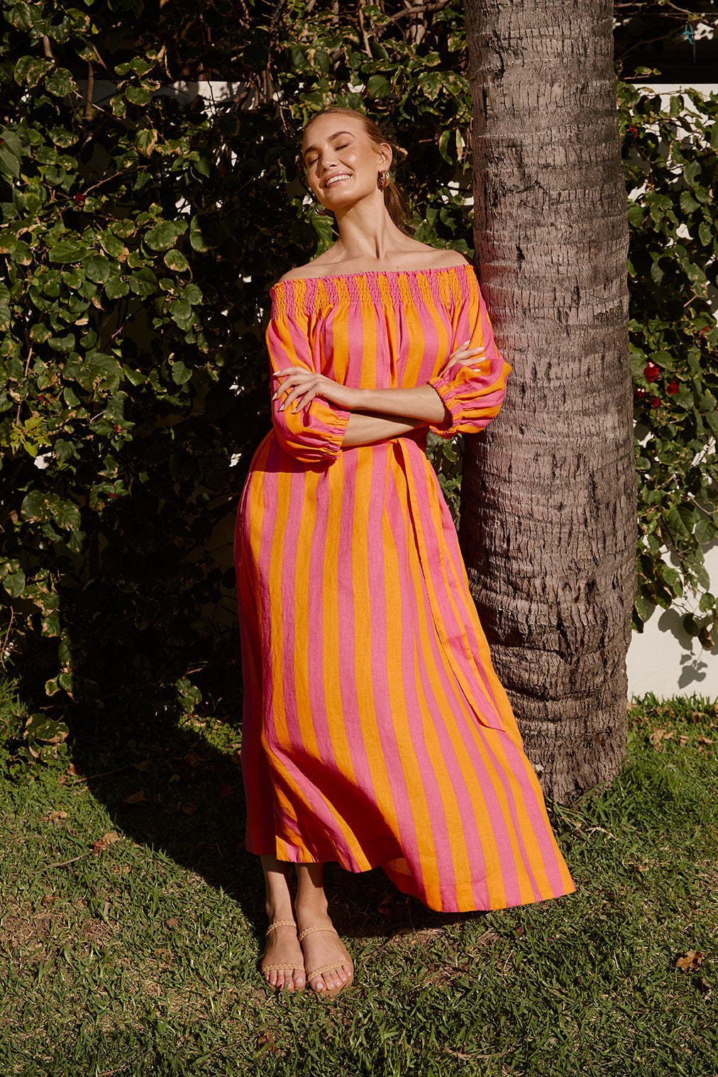 Alisa Linen Off The Shoulder Dress in Afterglow