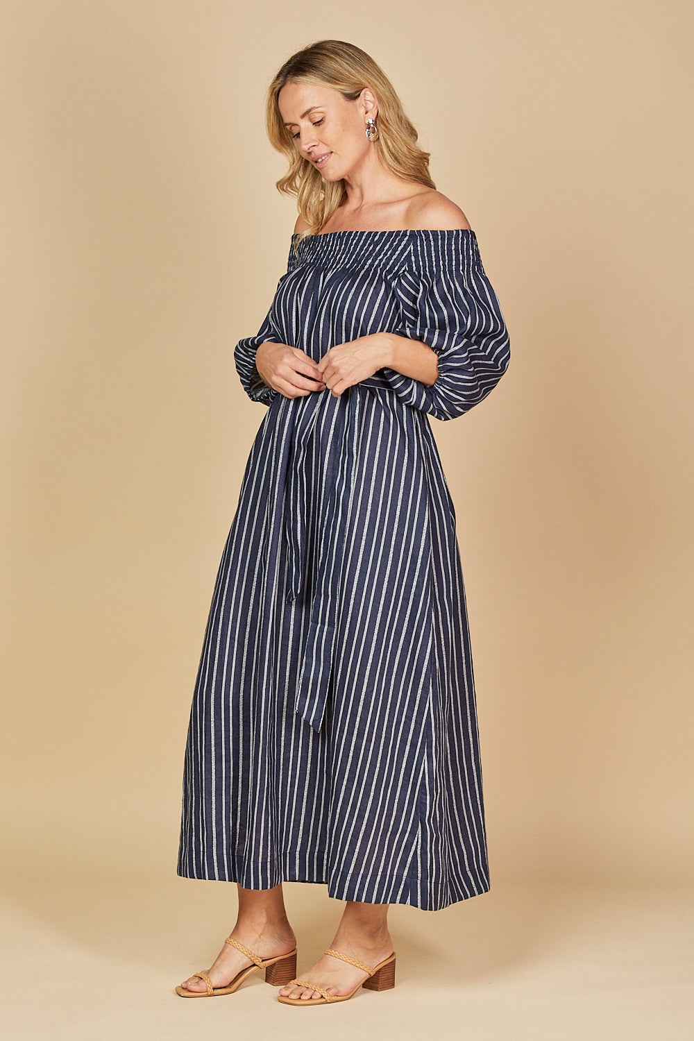 Alisa Off The Shoulder Linen Dress in Boathouse