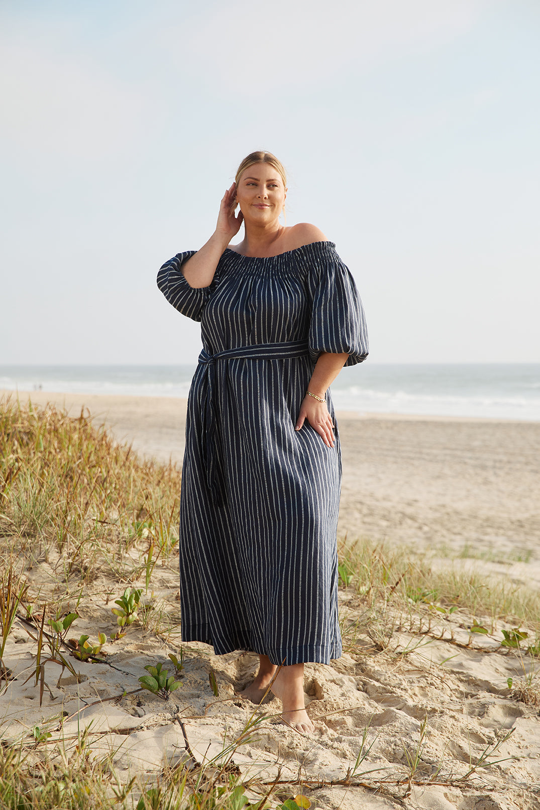 Alisa Off The Shoulder Linen Dress in Boathouse