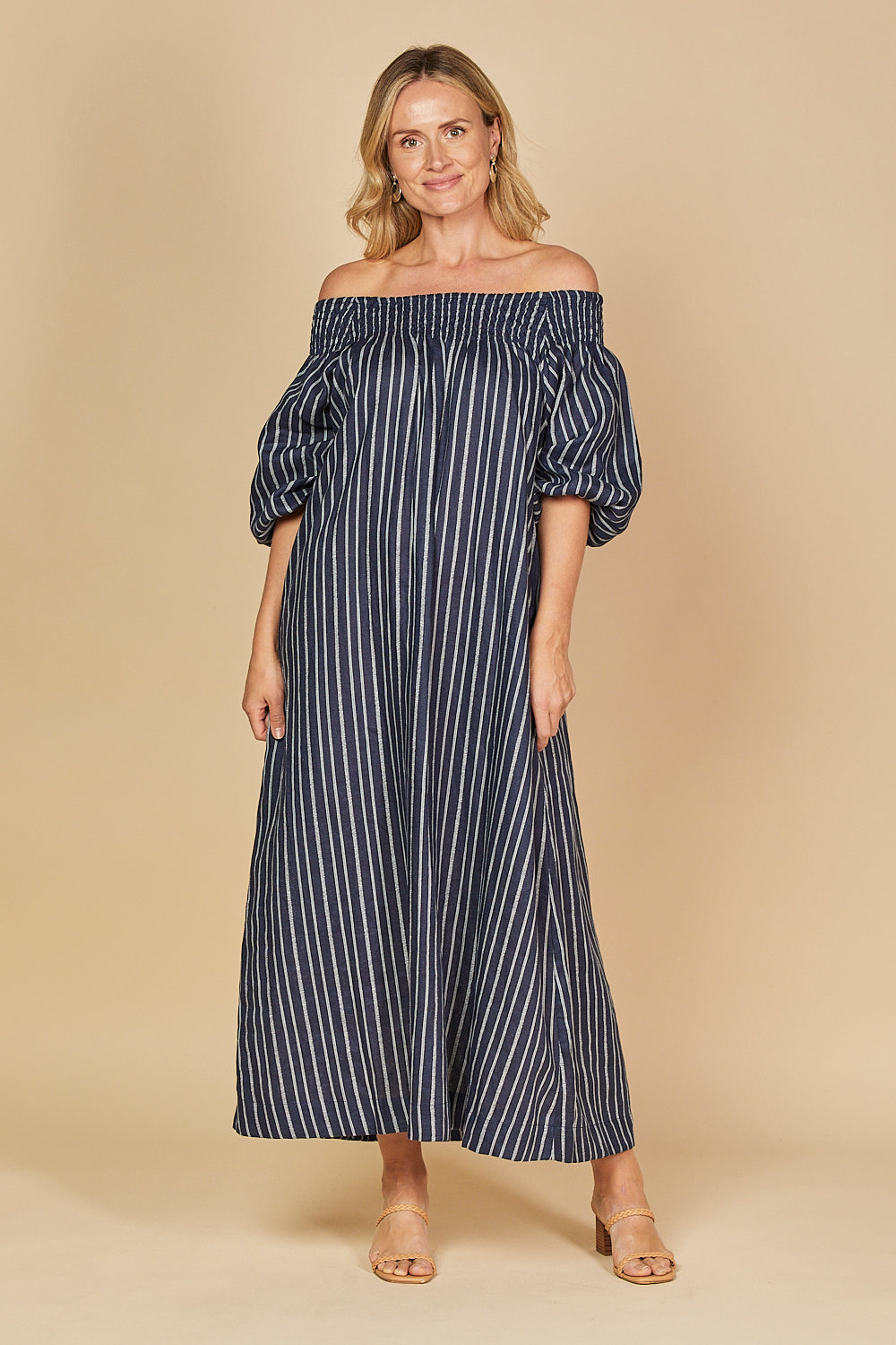 Alisa Off The Shoulder Linen Dress in Boathouse