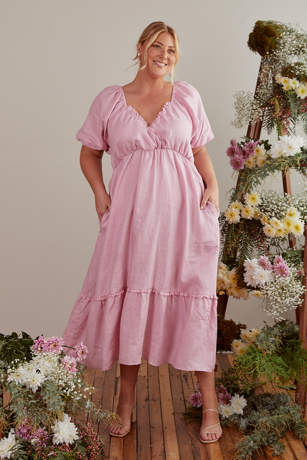 Alison Linen Midi Dress in Peony