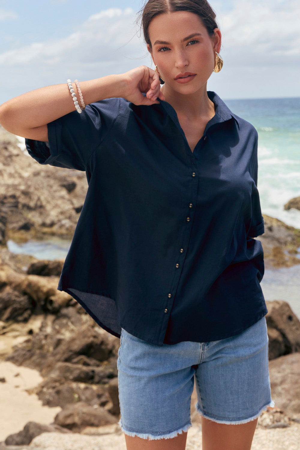 Amani Short Sleeve Cotton Shirt in Navy
