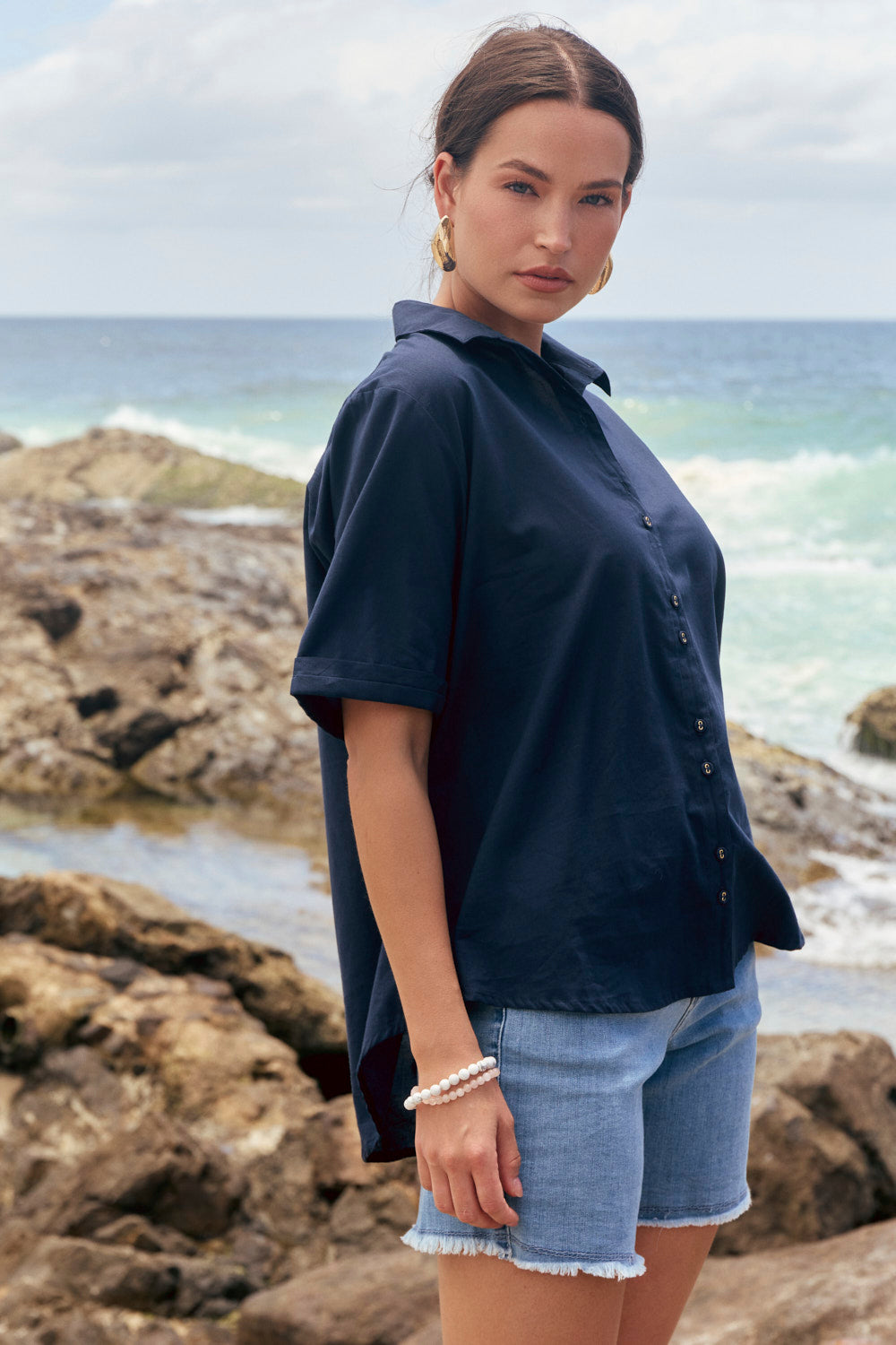 Amani Short Sleeve Cotton Shirt in Navy