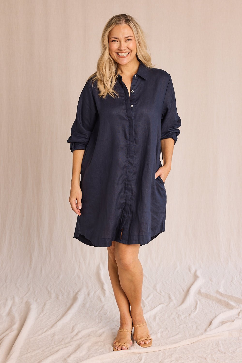 Anouk Linen Shirt Dress in Navy