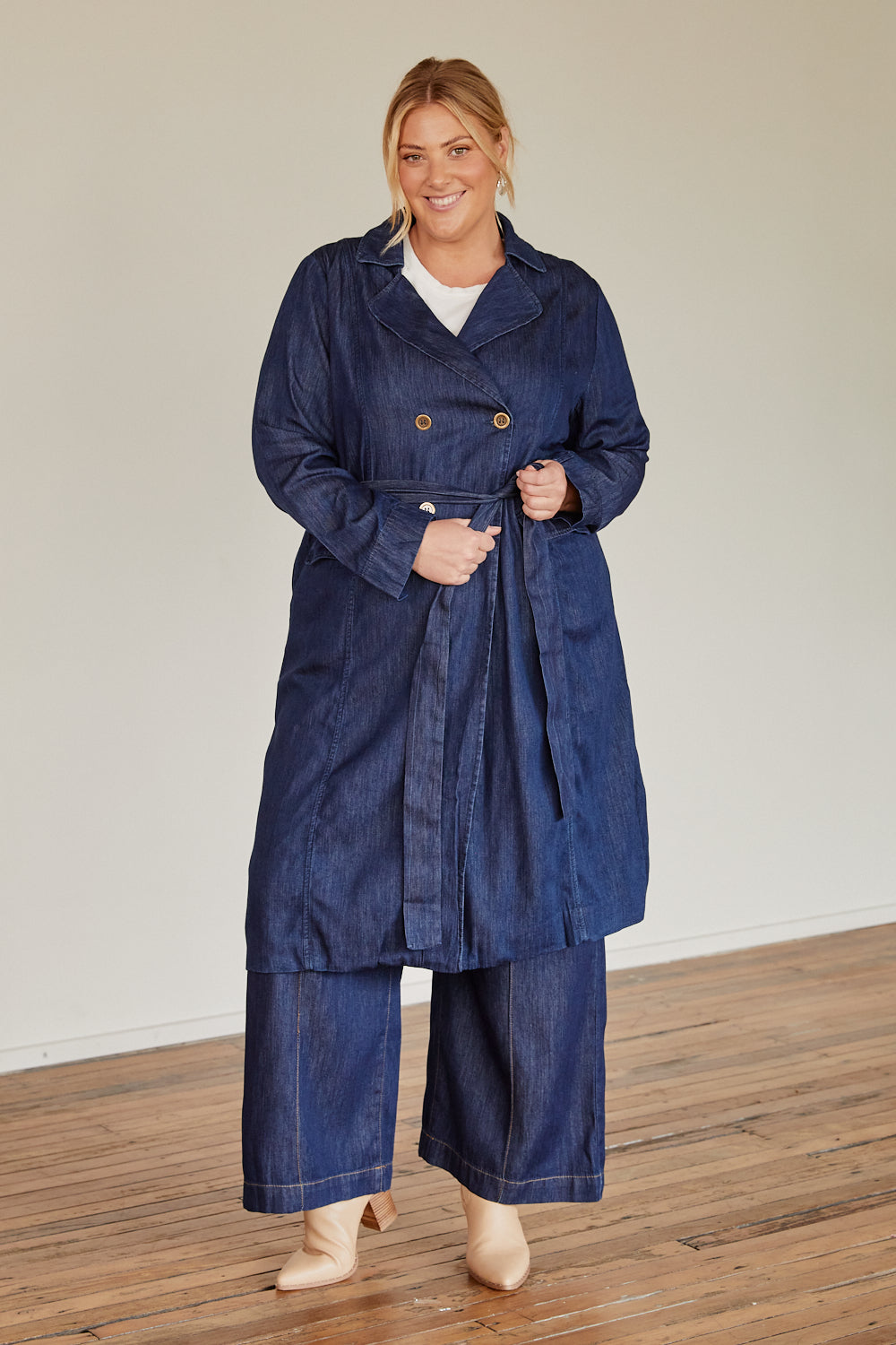 Avalee Long Line Tencel Trench Coat in Dark Wash