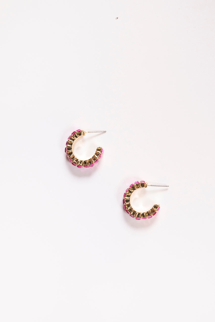 Baguette Jewel Mini Hoops in Hot Pink