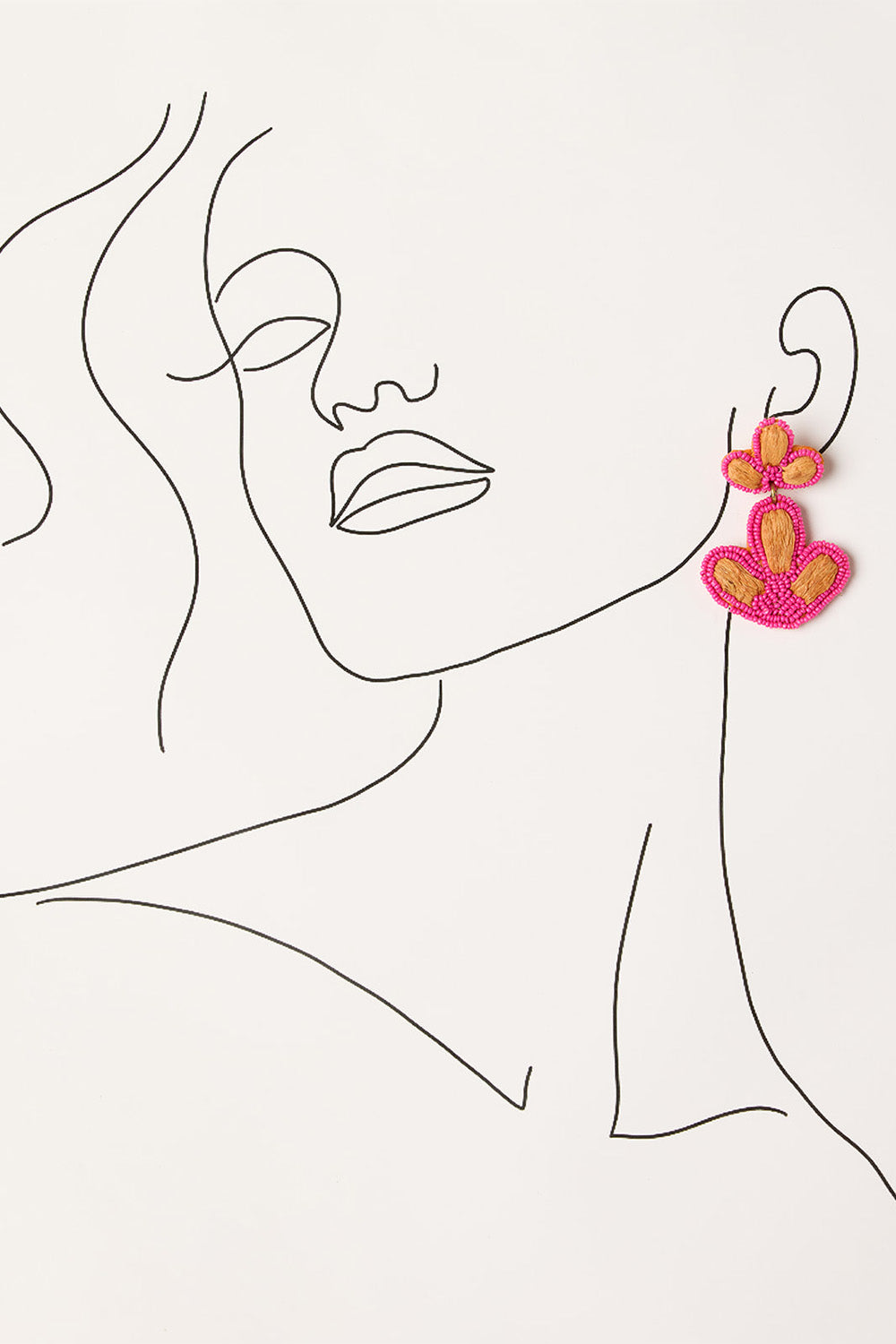 Beaded Flower Drops Earring in Hot Pink & Tan