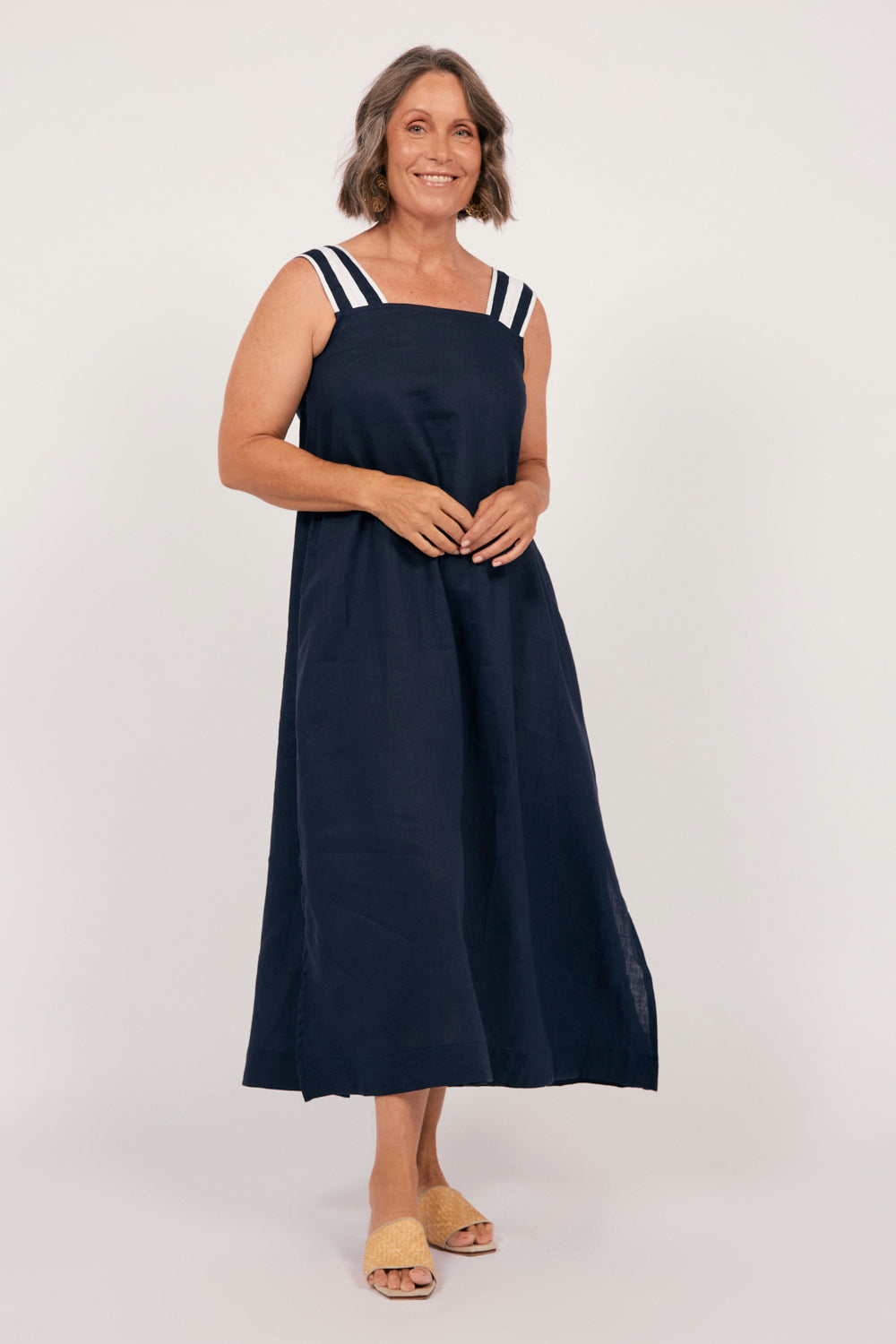 Bec Linen Sundress in Navy with White Stitching