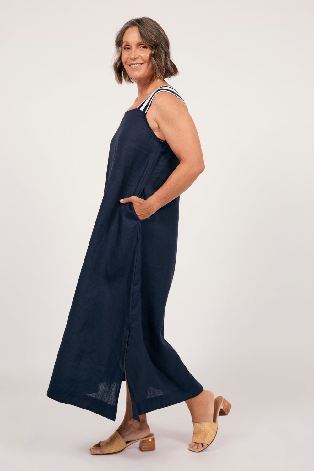 Bec Linen Sundress in Navy with White Stitching