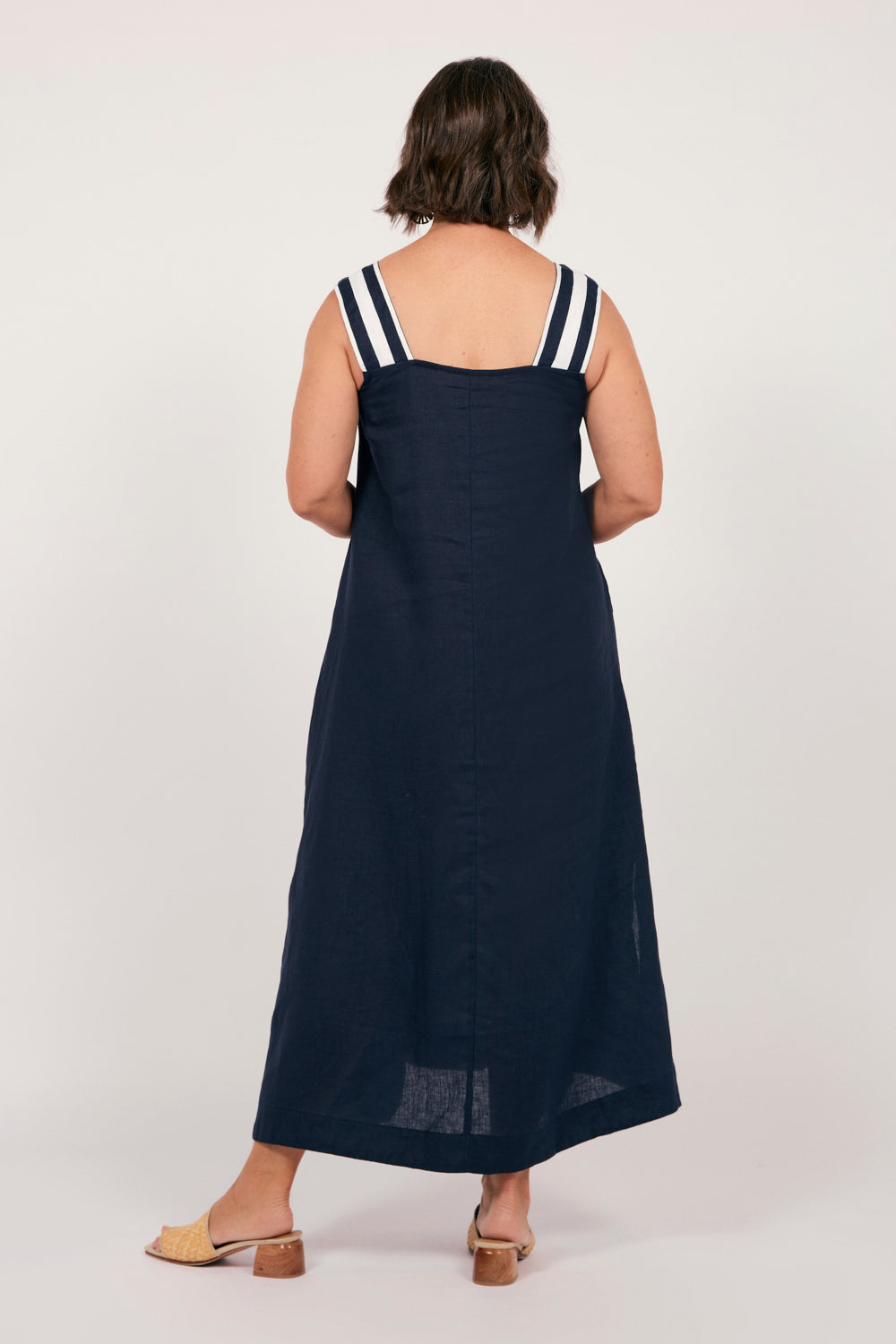 Bec Linen Sundress in Navy with White Stitching