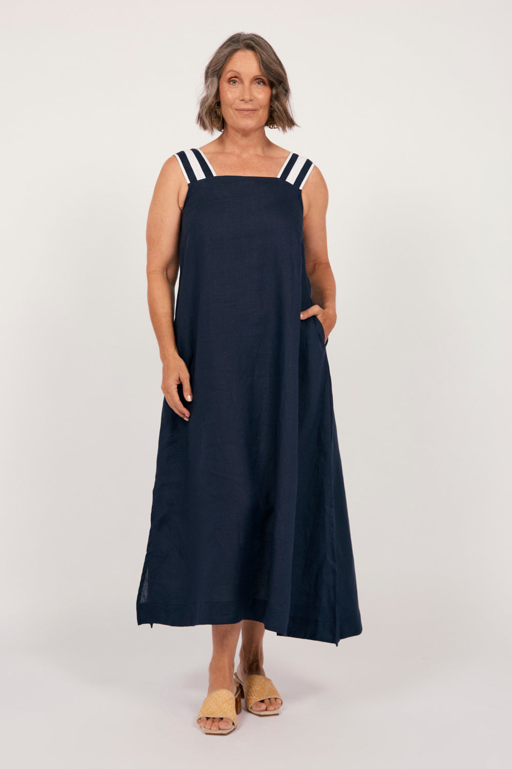 Bec Linen Sundress in Navy with White Stitching