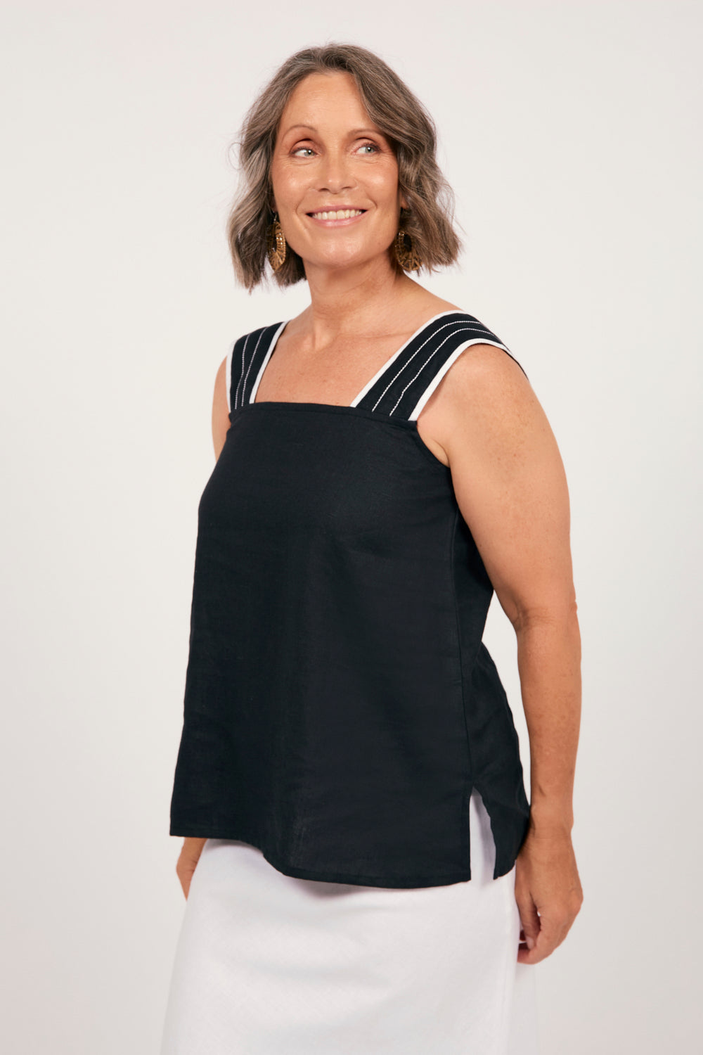 Bec Linen Top in Black with White Stitching