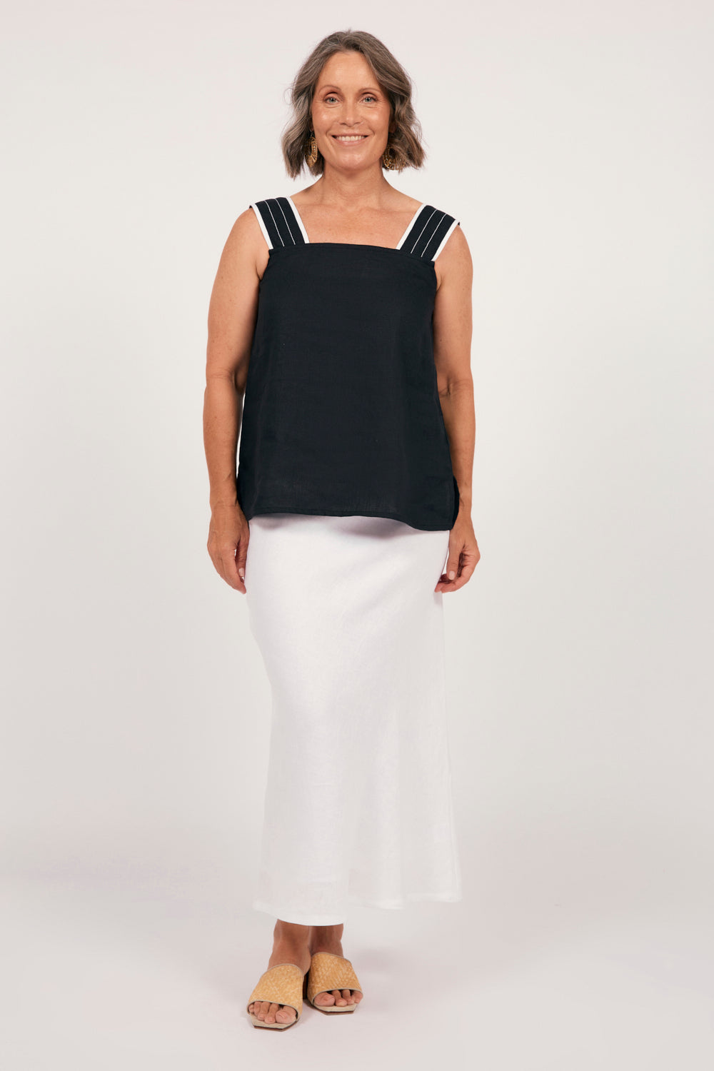 Bec Linen Top in Black with White Stitching