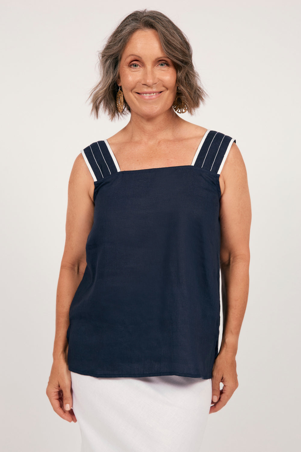 Bec Linen Top in Navy with White Stitching