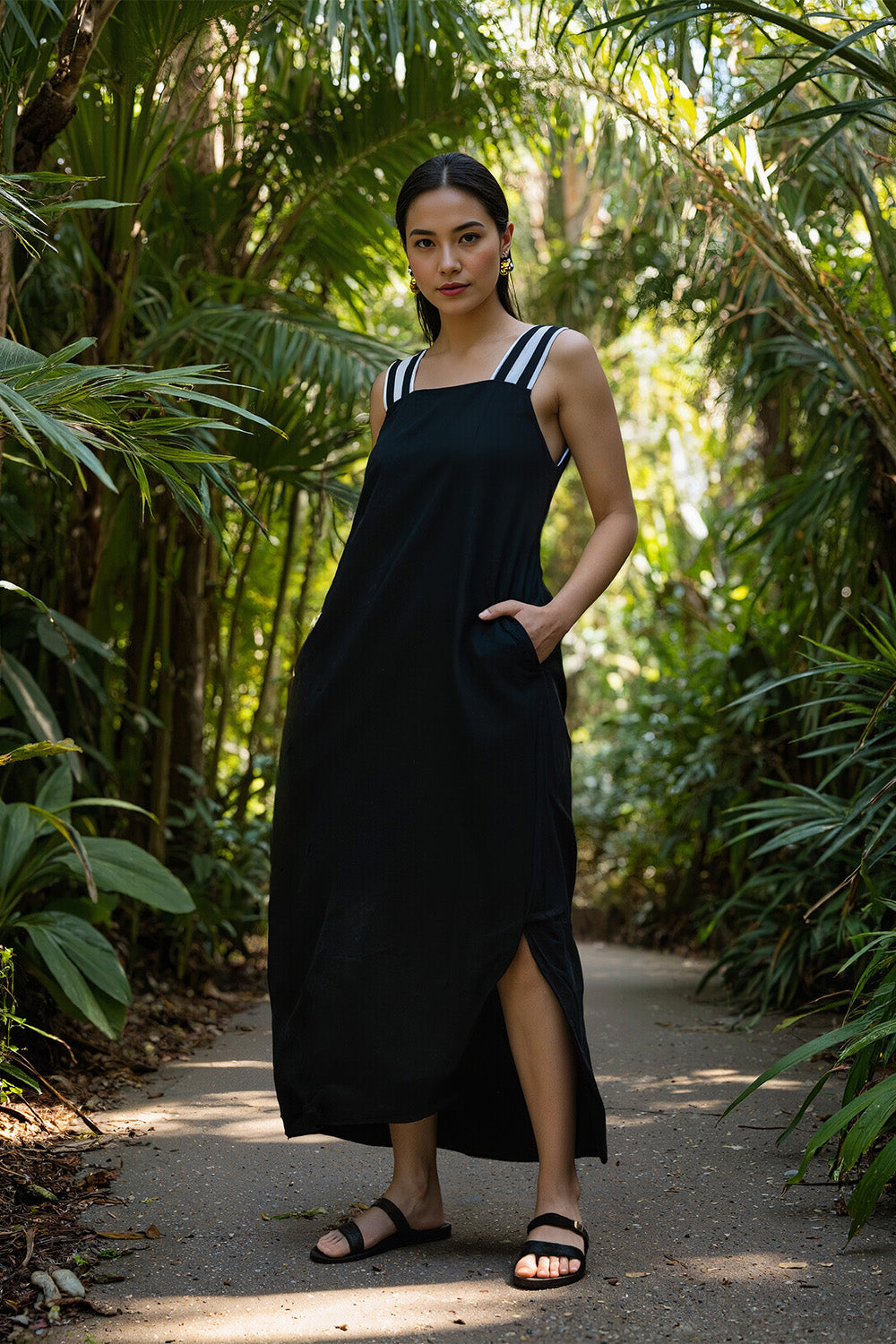 Bec Linen Sundress in Black with White Stitching