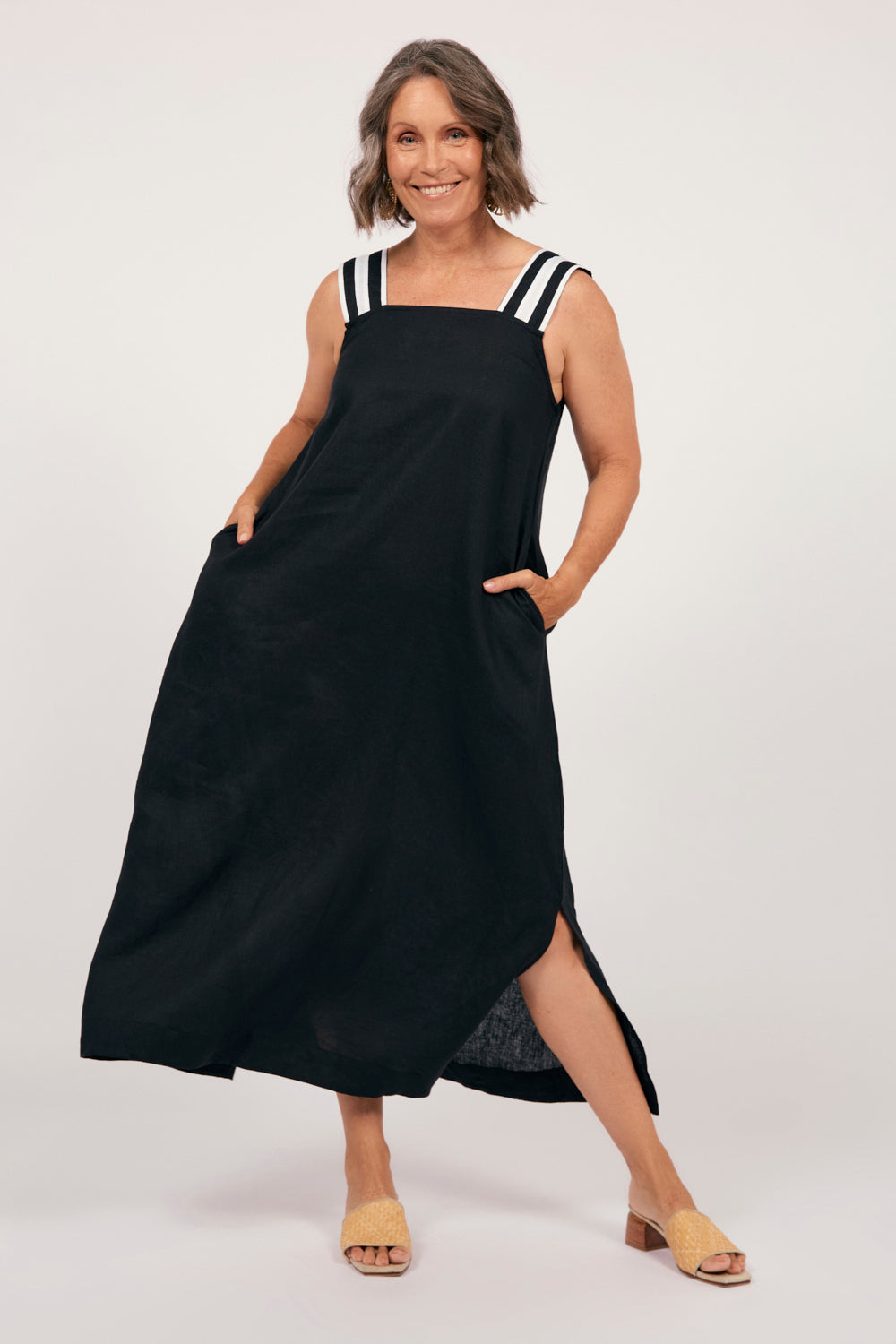 Bec Linen Sundress in Black with White Stitching