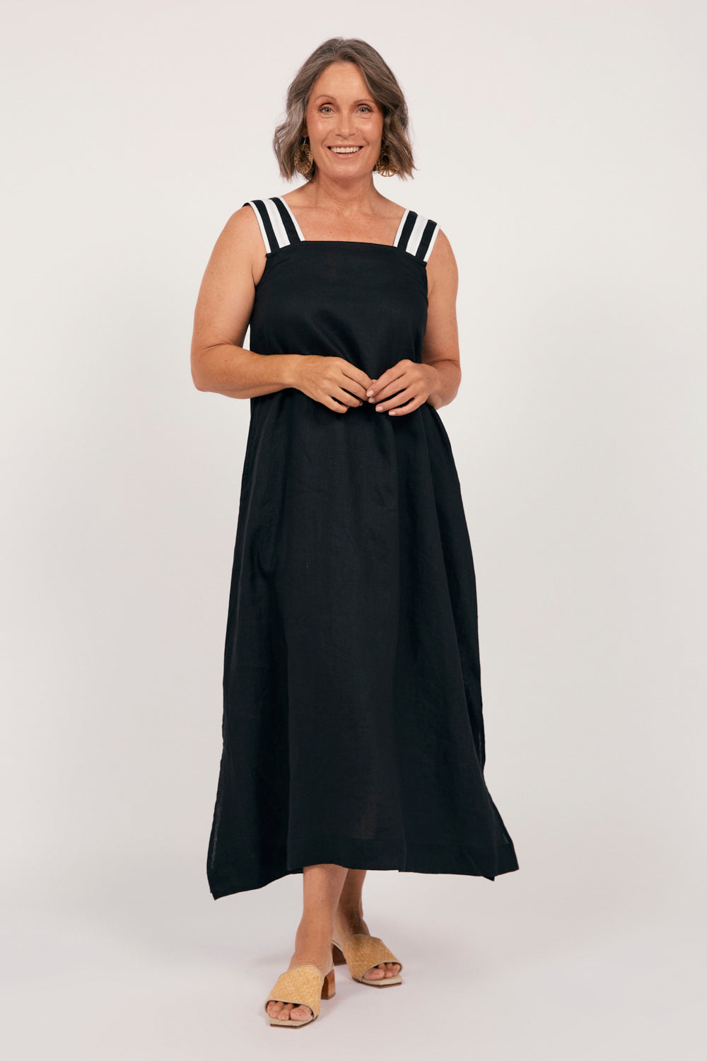 Bec Linen Sundress in Black with White Stitching