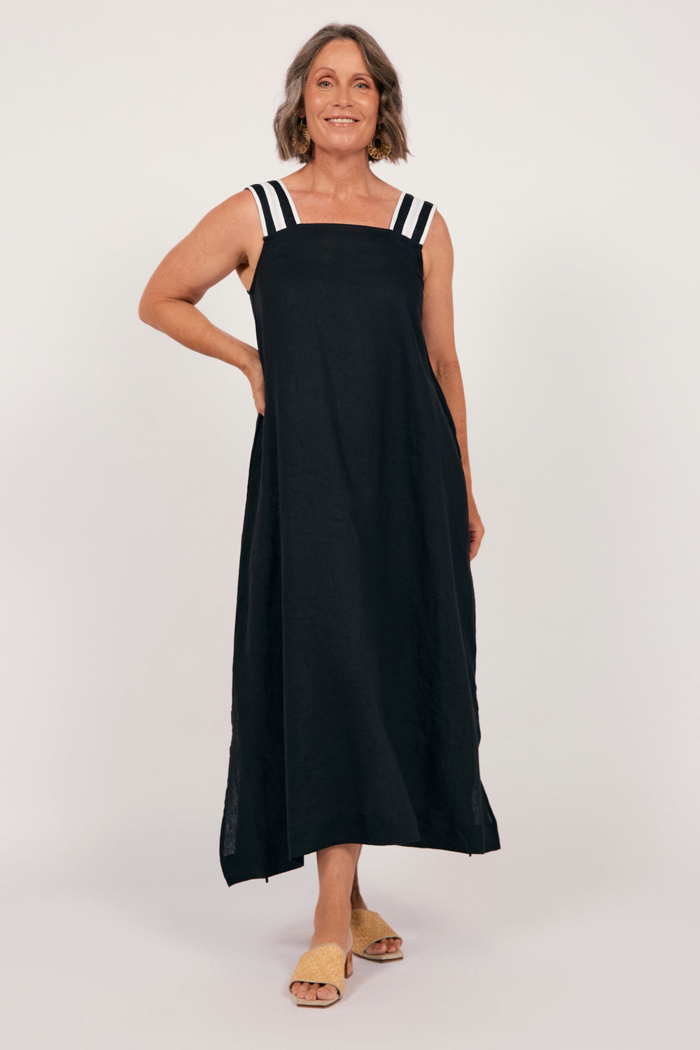 Bec Linen Sundress in Black with White Stitching