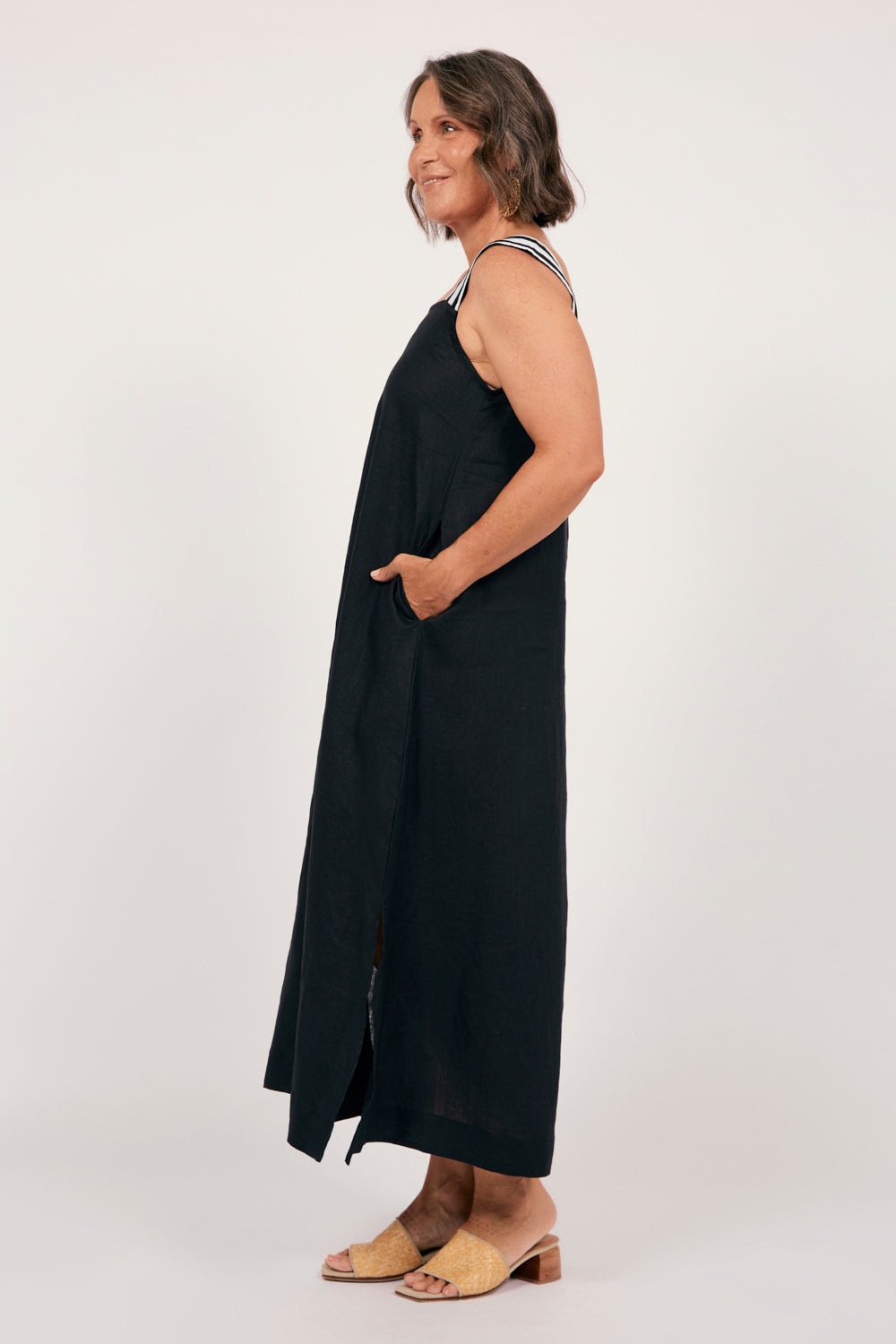 Bec Linen Sundress in Black with White Stitching